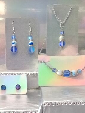 Blue Glass Bead Necklace and Earring Set - Women Jewelry